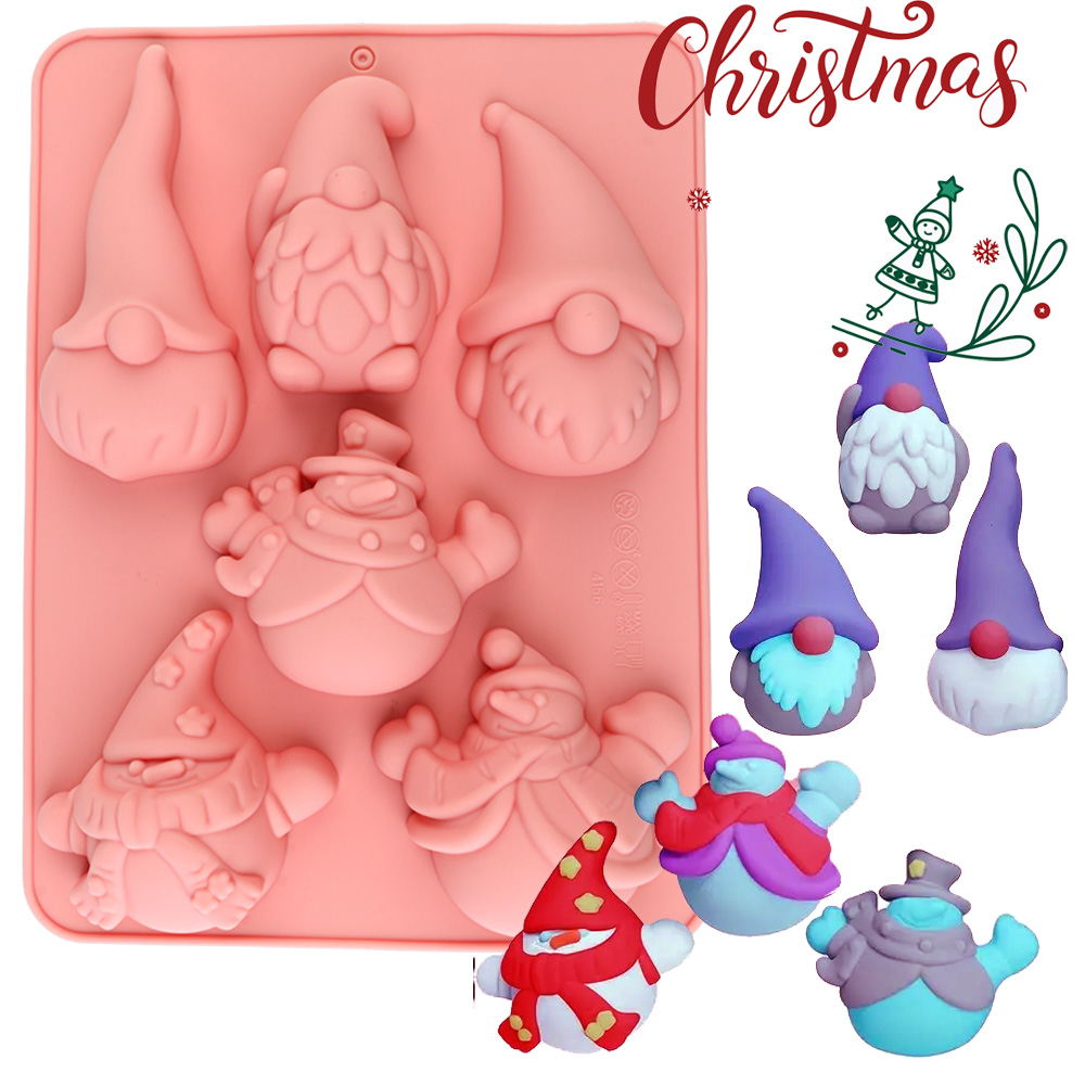 Candle Making Material - 6つの空洞を持つクリスマスノームケーキチョコレートシリコン製ベーキングモールド、チョコレート、ムース、フォンダンケーキ、キャンドル、または樹脂工芸品などの創造的な作品作りに適しています。モールドは食品グレードのシリコン素材で作られており、安全で無毒、耐熱性があり、型から取り出しが簡単で、特にホリデーベーキングやDIYクラフトに設計されています。