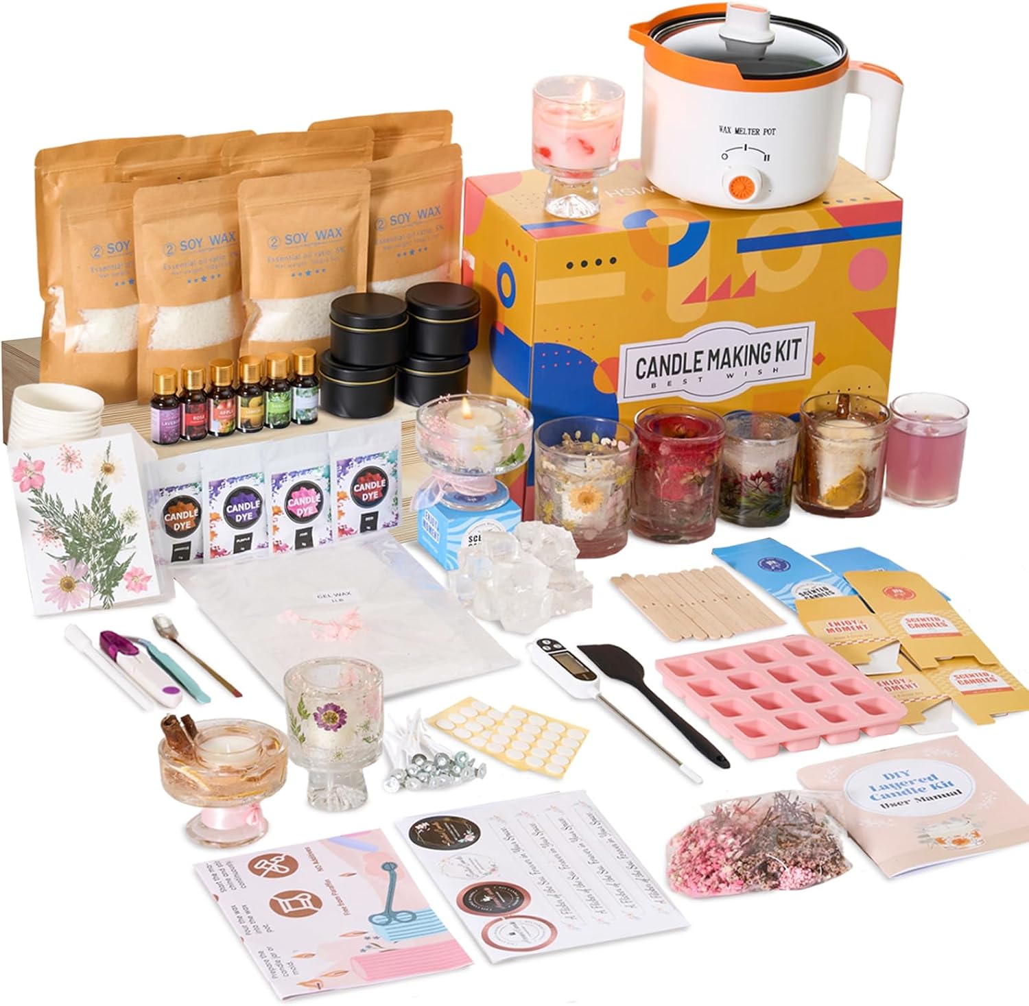 Candle Making Kit For Beginners - 2-in-1大豆＆ゼリーワックスDIYキャンドル作成キット（初心者＆大人向け） | 完全なキャンドル作りキット、デュアル設定ワックスメルター、カスタムフレグランス＆カラー、家庭での趣味やホリデーギフトに最適
