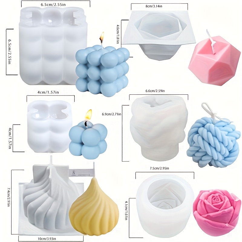 Candle Making Yarn - 6個入りシリコンキャンドル型セット、キャンドル作り用、毛糸玉型バブルキャンドル型、3Dローズシリコン型、焼き菓子ケーキ型