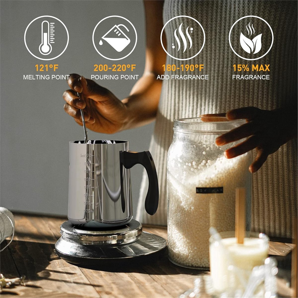Candle Making Kit For Beginners - 初心者向けキャンドル作りキット、大豆ワックスDIYキャンドル作り（大人向け）、キャンドル作り用ポット、キャンドル芯付き