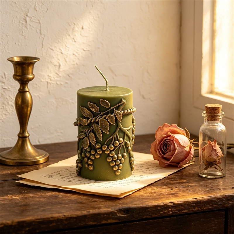 素朴なレリーフベリー葉模様のつる状ブドウピラーキャンドルシリ - Candle Making Vinings のレビューと価格